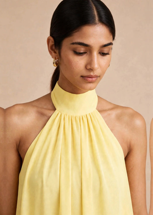 Butter Yellow Georgette Halter Neck Layered Mini Dress