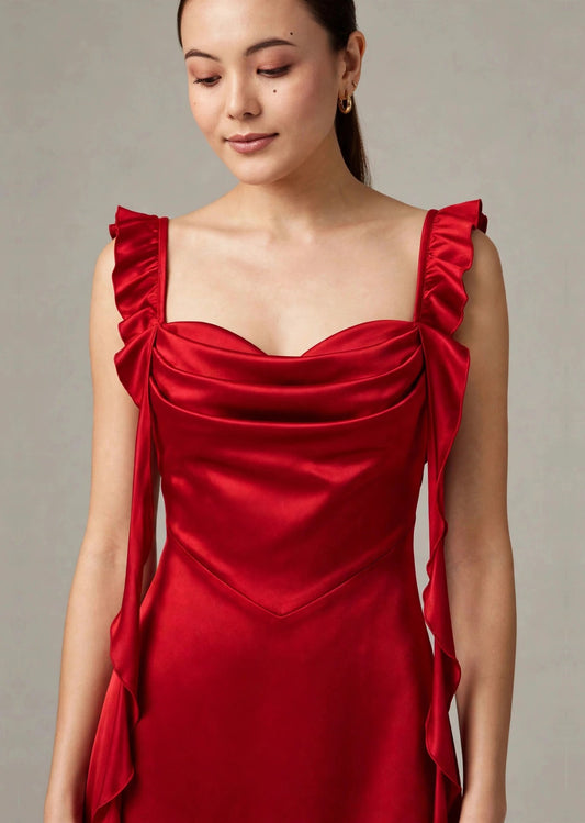 Cherry Red Satin Cowl Neck Ruffle A-Line Mini Dress