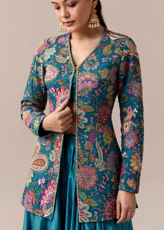 Teal Floral Jacket Lehenga Set
