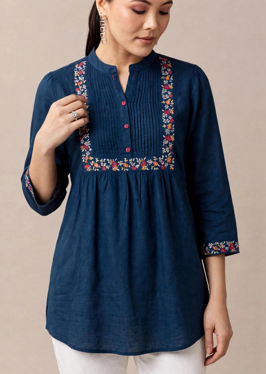 Teal Blue Floral Embroidered Kurti