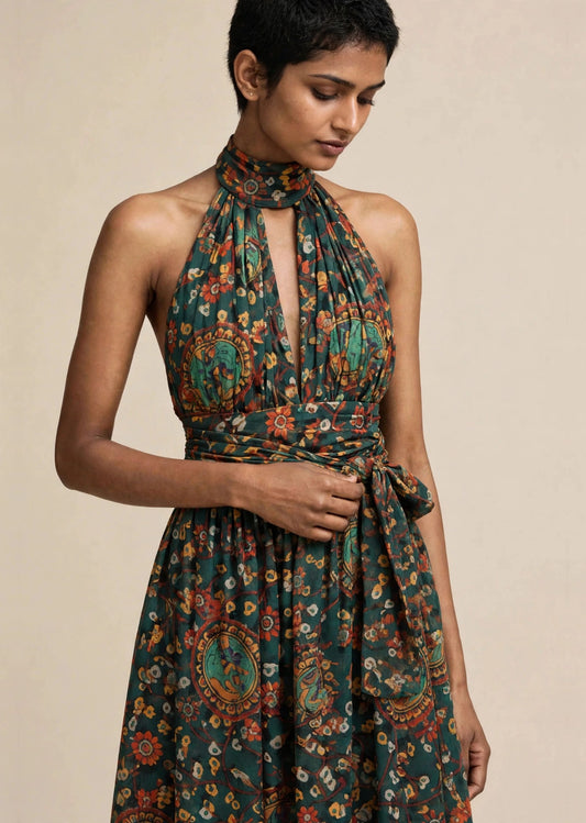 Green Floral Print Halter Neck Tie-Waist Midi Dress