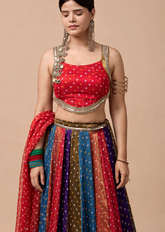 Rangrez Multicolor Bandhani Lehenga Set