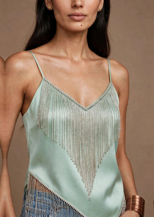 Mint Satin Beaded Fringe Cami Top