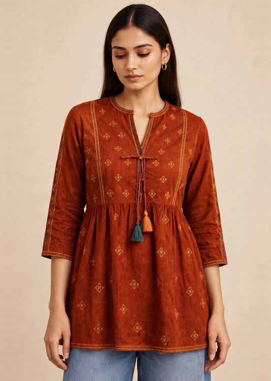 Orange Embroidery Tassel Dobby Kurti