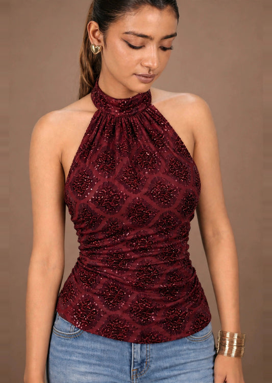 Wine Sequin Halter Neck Y2K Top