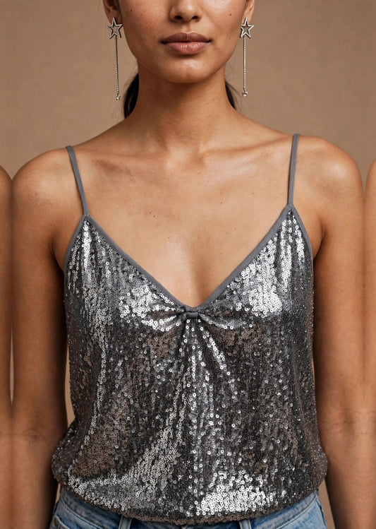 Gunmetal Sequin Criss-Cross Back Cami Top