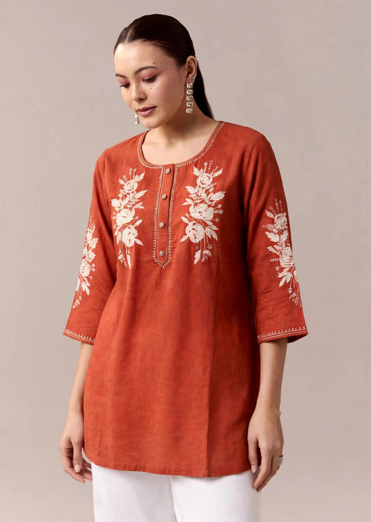 Terracotta Embroidered Straight Kurti