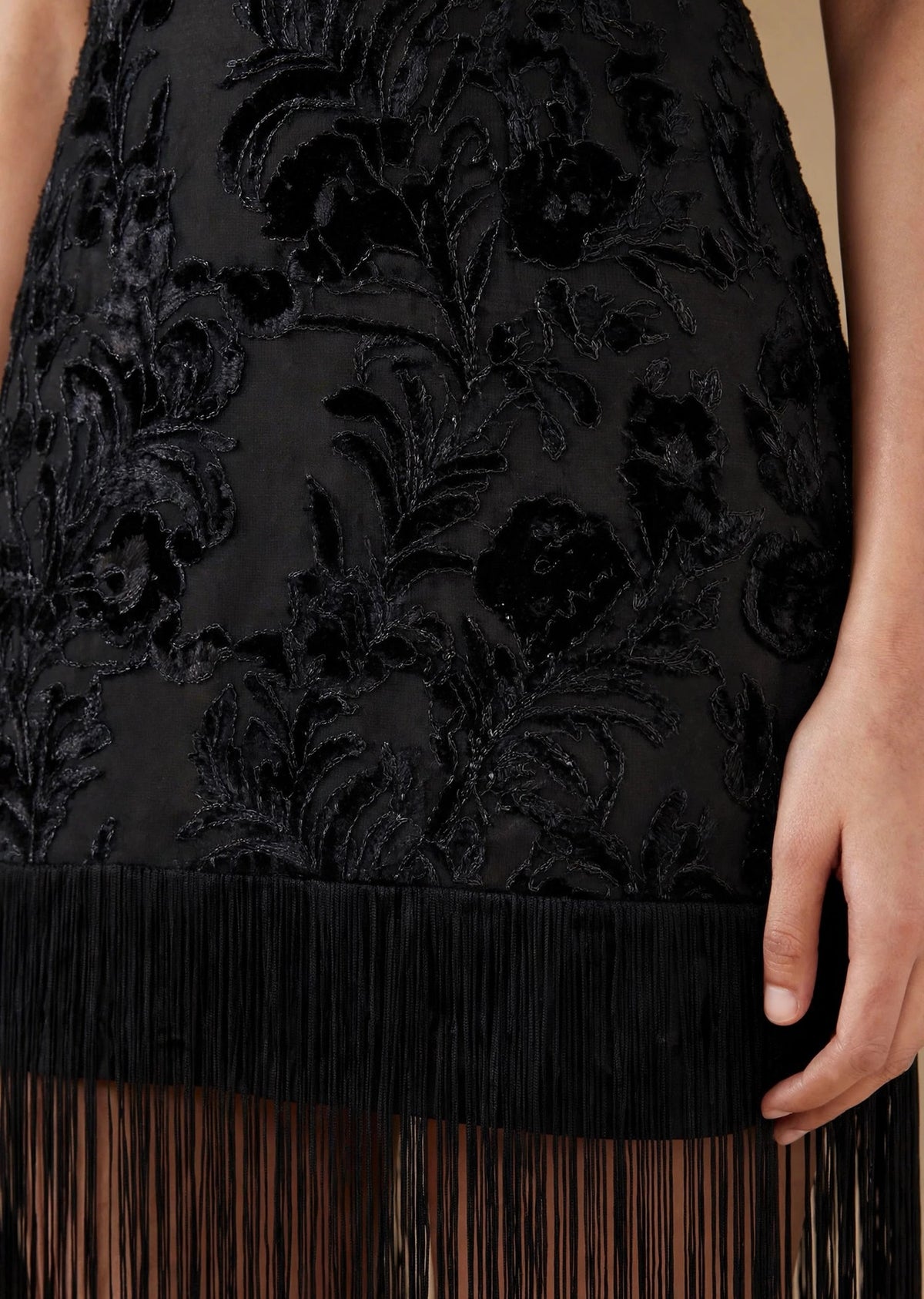 Black Velvet Embossed Fringe Hem Halter Mini Dress