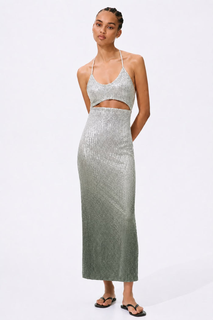 Silver Grey Ombré Sequin Halter Neck Cut-Out Maxi Dress