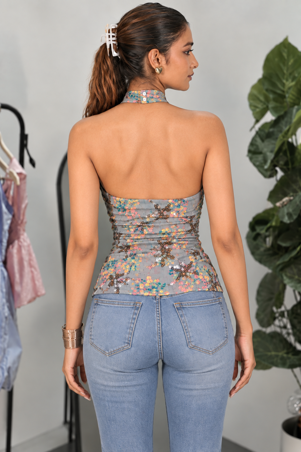 Pastel Floral Sequin Halter Neck Y2K Top - back