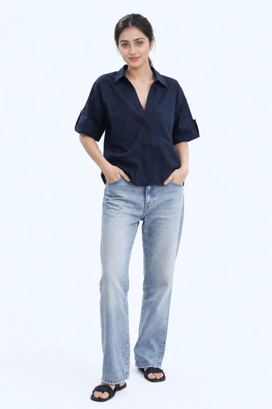 Linen Short Sleeve Shirt Navy
