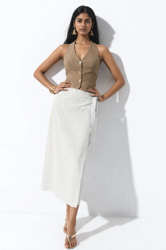 Taupe Buttoned Women Halter Vest Coat