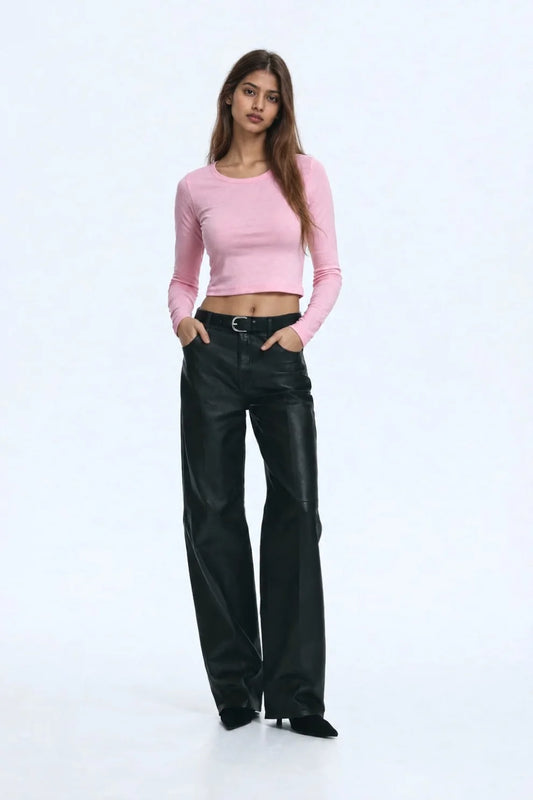 Women Pink Long Sleeve Crop Top
