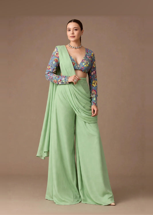 Sage Bloom Draped Palazzo Set