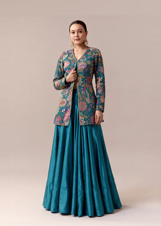 Teal Floral Jacket Lehenga Set