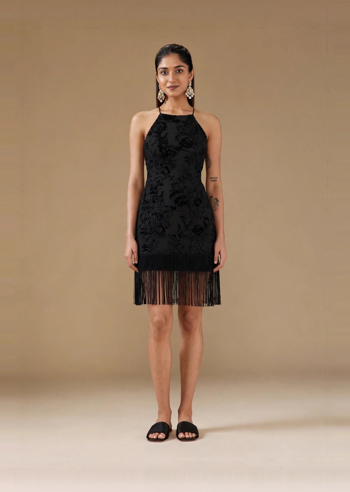 Black Velvet Embossed Fringe Hem Halter Mini Dress