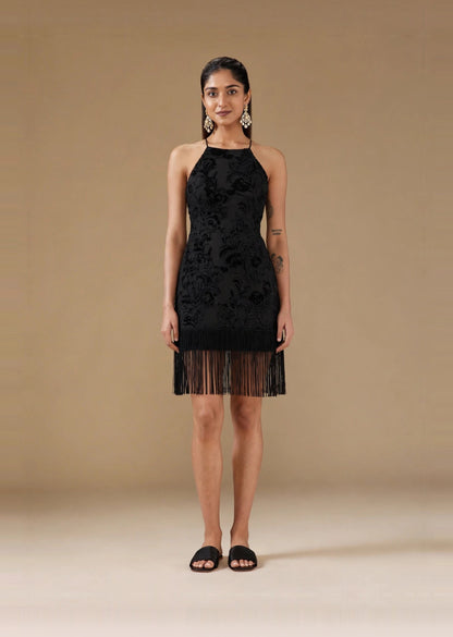 Black Velvet Embossed Fringe Hem Halter Mini Dress