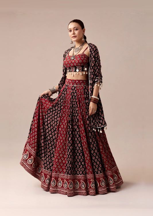 Maroon Ajrakh Lehenga