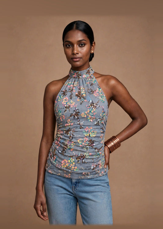 Pastel Floral Sequin Halter Neck Y2K Top