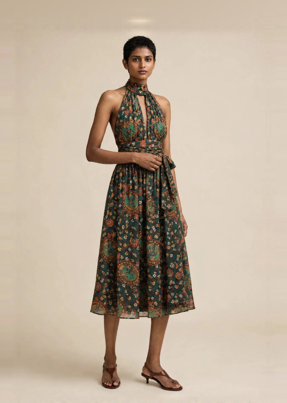 Green Floral Print Halter Neck Tie-Waist Midi Dress