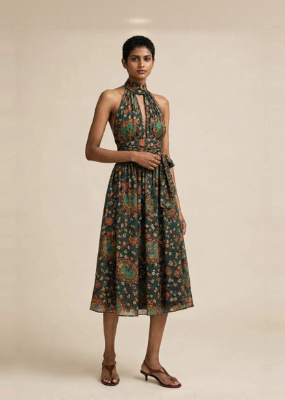 Green Floral Print Halter Neck Tie-Waist Midi Dress
