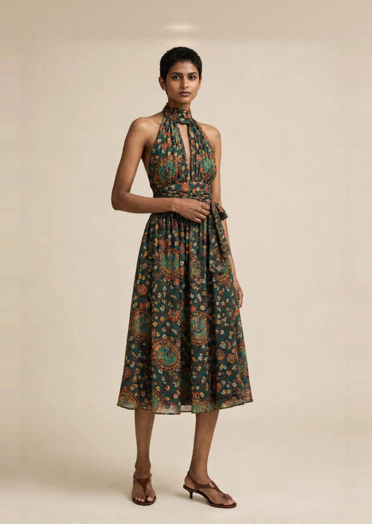 Green Floral Print Halter Neck Tie-Waist Midi Dress