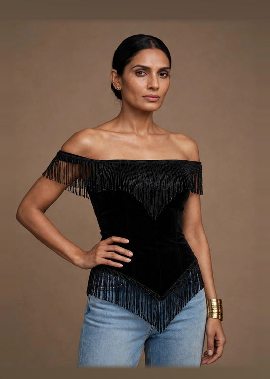 Black Velvet Beaded Fringe Off-Shoulder Corset Top