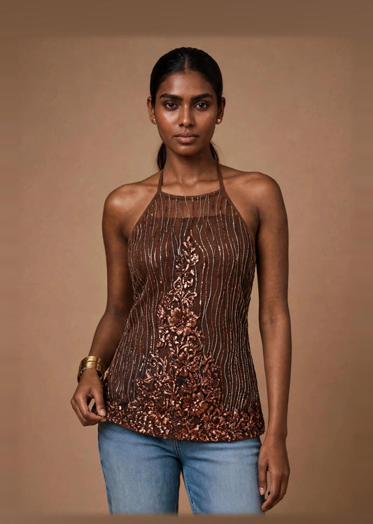 Bronze Swirl Sequin Lace-Up Back Halter Top