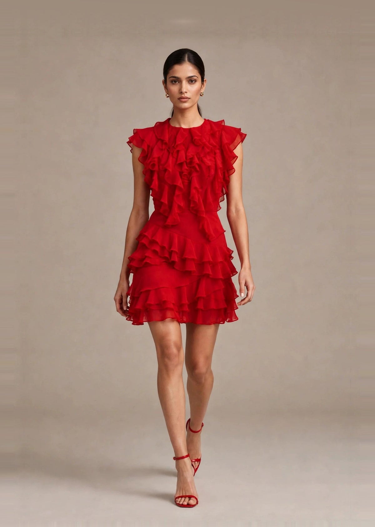 Scarlet Red Georgette Cascading Ruffle Tiered Mini Dress