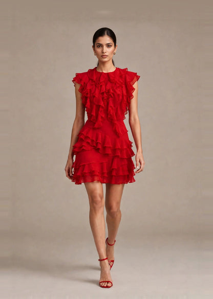 Scarlet Red Georgette Cascading Ruffle Tiered Mini Dress