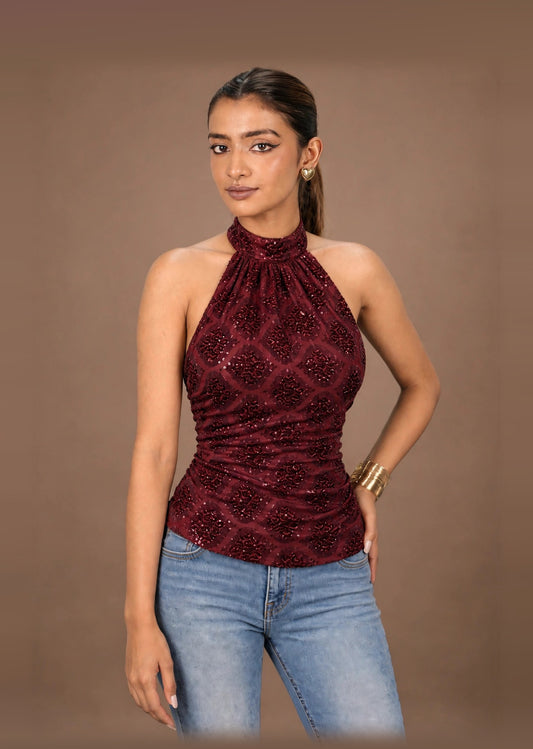 Wine Sequin Halter Neck Y2K Top