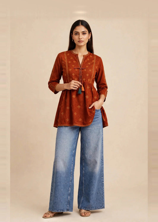Orange  Embroidery Tassel Dobby Kurti