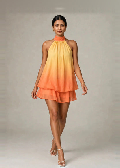 Butter Yellow & Sunset Orange Ombré Georgette Halter Neck Mini Dress