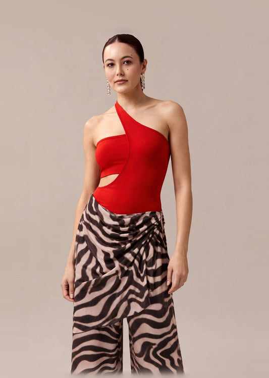 Red One-Shoulder Cut-Out Bodysuit