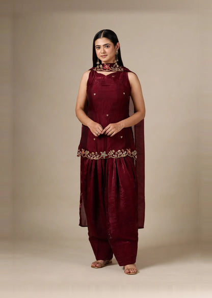 Wine Zari Kurta Set