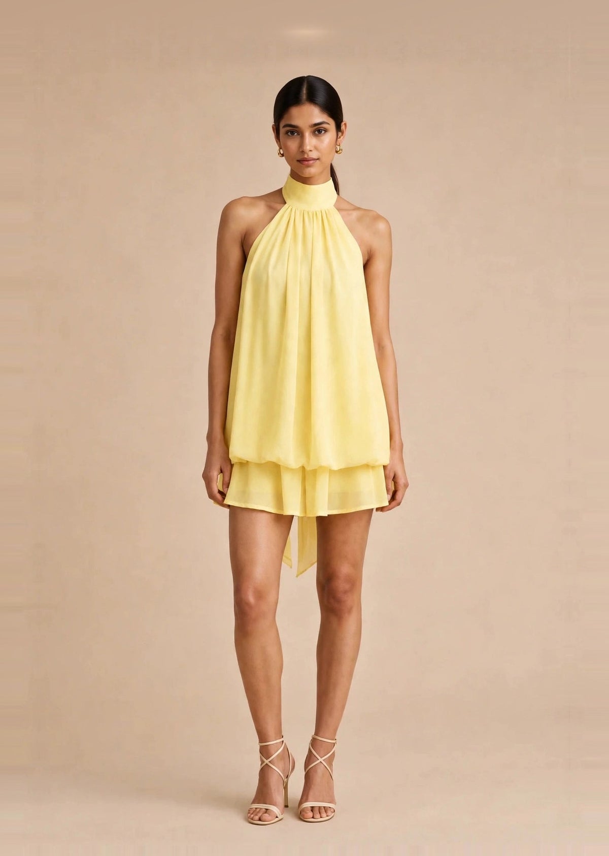 Butter Yellow Georgette Halter Neck Layered Mini Dress
