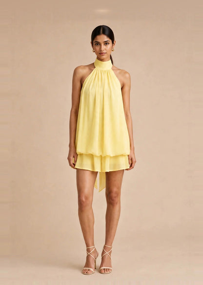 Butter Yellow Georgette Halter Neck Layered Mini Dress