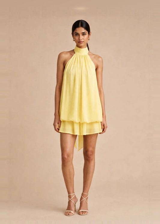 Butter Yellow Georgette Halter Neck Layered Mini Dress