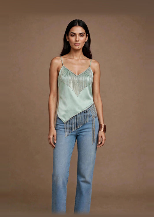 Mint Satin Beaded Fringe Cami Top