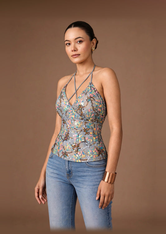 Pastel Floral Sequin Cross-Front Halter Y2K Top