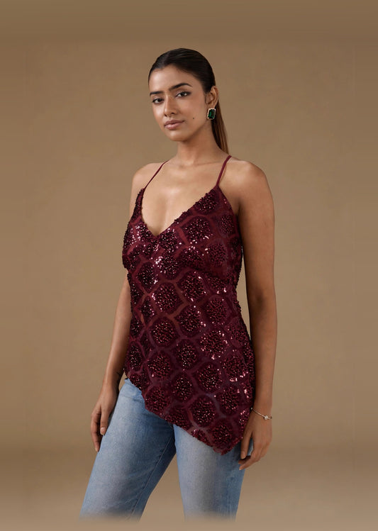 Wine Sequin Criss-Cross Back Cami Top