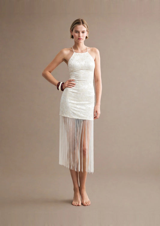 White Velvet Embossed Fringe Hem Halter Mini Dress