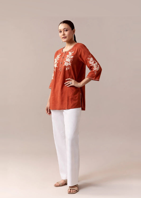 Terracotta Embroidered Straight Kurti