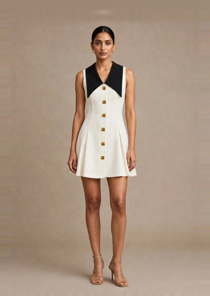 Ivory White & Black Contrast Collar Sleeveless A-Line Mini Dress