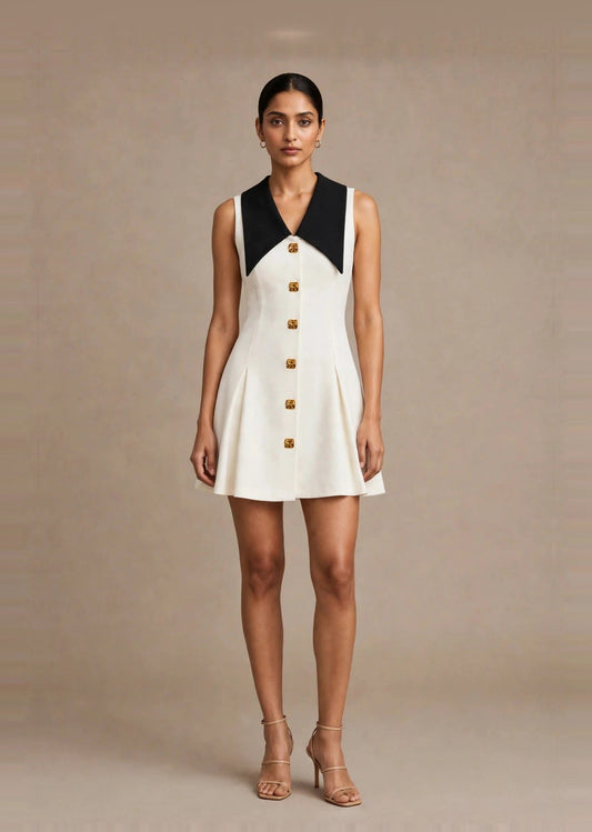 Ivory White & Black Contrast Collar Sleeveless A-Line Mini Dress
