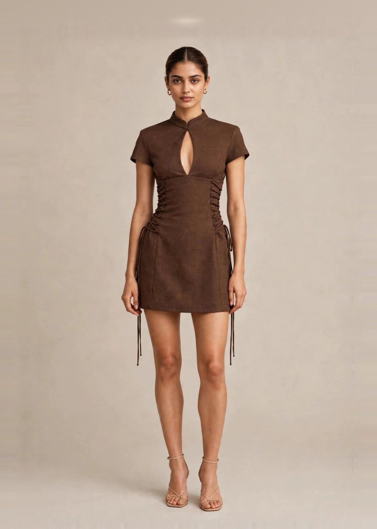Chocolate Brown Mandarin Collar Lace-Up Corset A-Line Mini Dress
