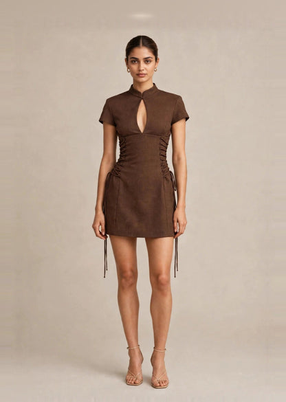 Chocolate Brown Mandarin Collar Lace-Up Corset A-Line Mini Dress