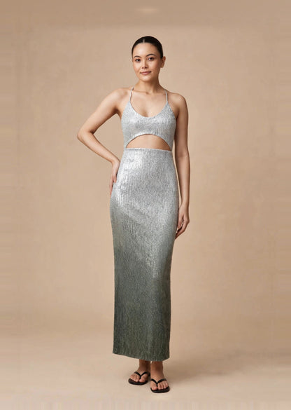 Silver Grey Ombré Sequin Halter Neck Cut-Out Maxi Dress