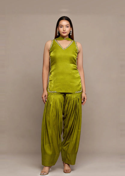 Olive Satin Kurti Set