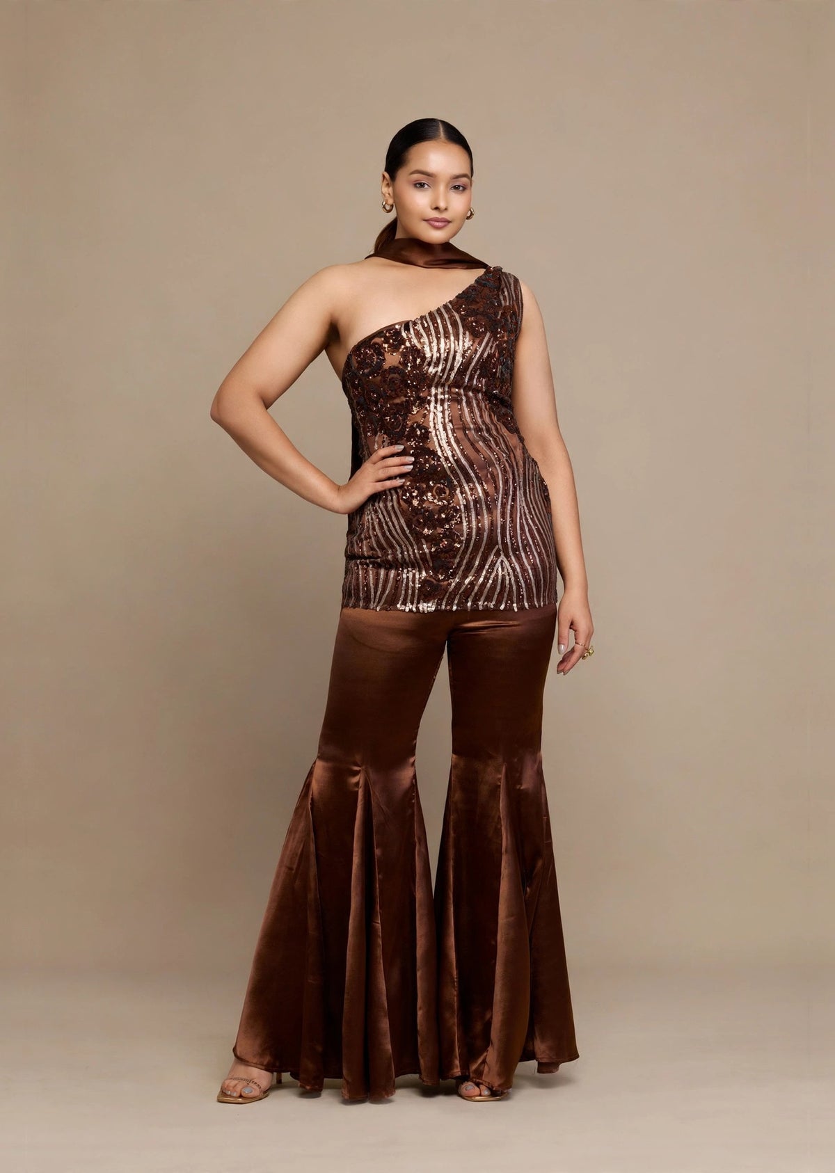 Brown Sequin One-Shoulder Set